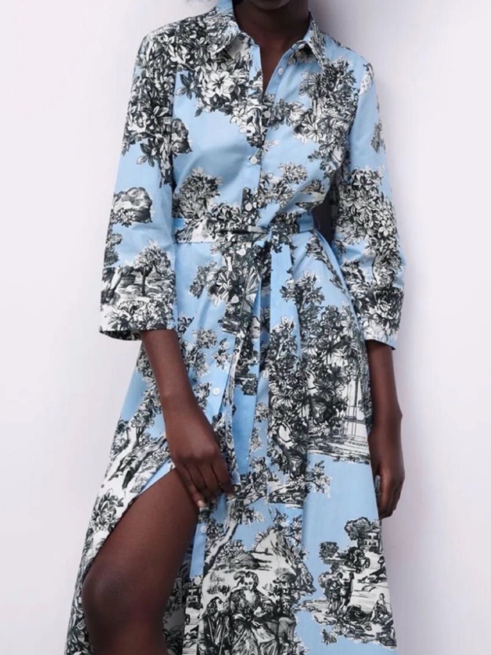 Zara Floral Toile Midi Shirt Dress with Belt - Light Blue XL Feminine & Romantic